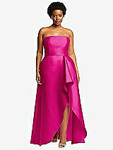Front View Thumbnail - Think Pink Strapless Satin Gown with Draped Front Slit and Pockets