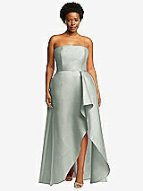 Front View Thumbnail - Willow Green Strapless Satin Gown with Draped Front Slit and Pockets