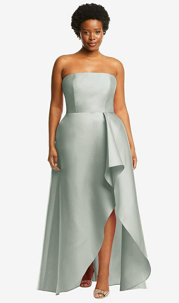 Front View - Willow Green Strapless Satin Gown with Draped Front Slit and Pockets