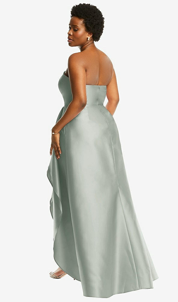 Back View - Willow Green Strapless Satin Gown with Draped Front Slit and Pockets