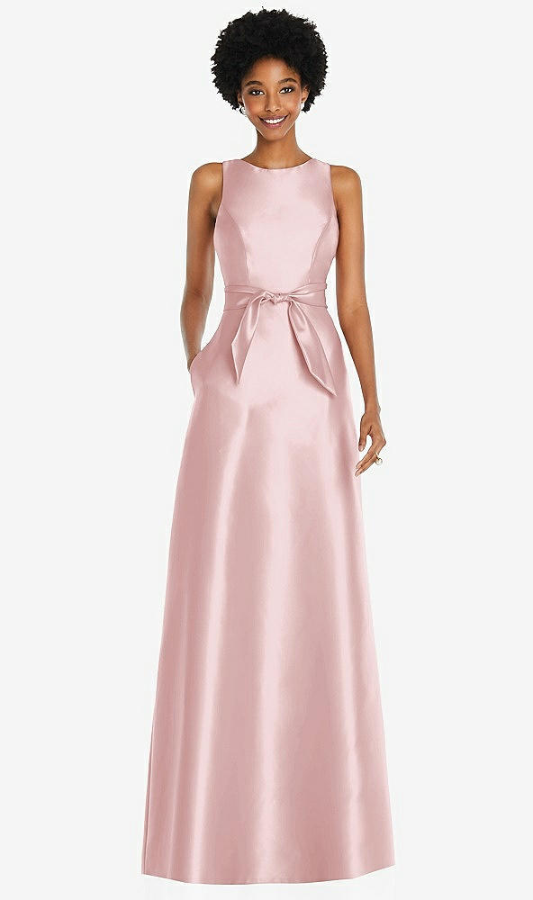 Front View - Ballet Pink Jewel-Neck V-Back Maxi Dress with Mini Sash