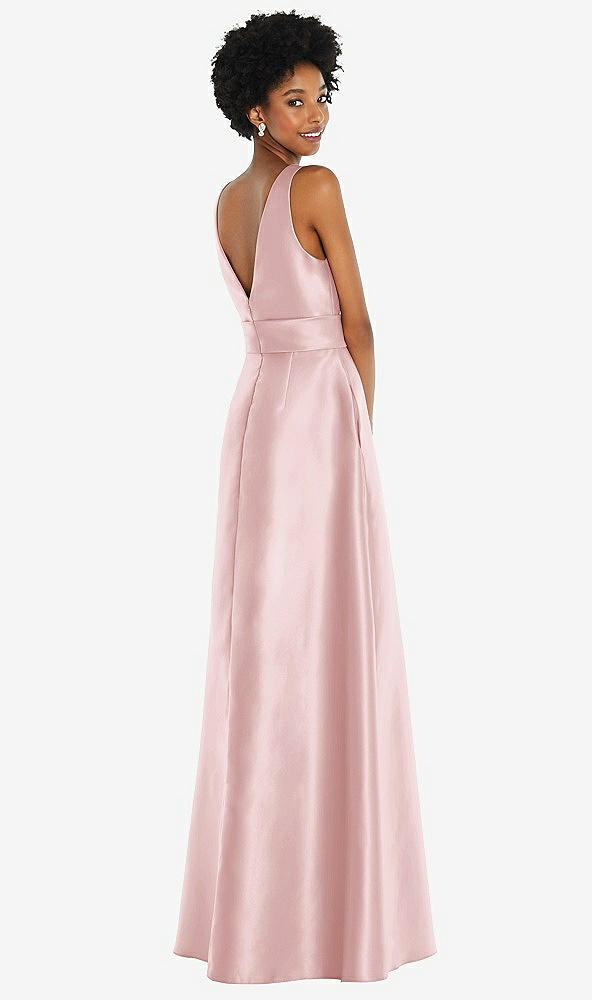 Back View - Ballet Pink Jewel-Neck V-Back Maxi Dress with Mini Sash