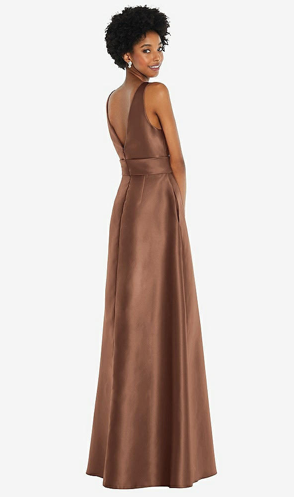 Back View - Cognac Jewel-Neck V-Back Maxi Dress with Mini Sash