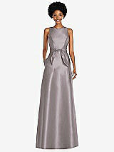 Front View Thumbnail - Cashmere Gray Jewel-Neck V-Back Maxi Dress with Mini Sash