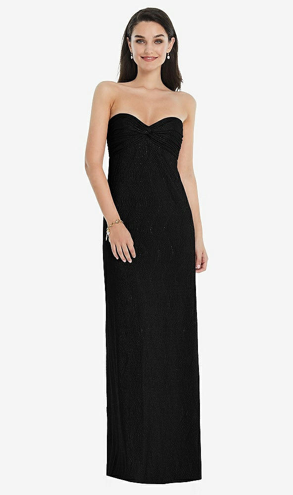 Front View - Black Strapless Twist Bodice Empire Waist Metallic Maxi Dress