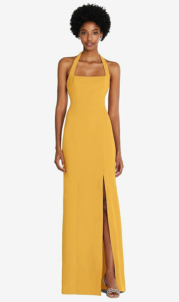 Front View - NYC Yellow Tie Halter Open Back Trumpet Gown