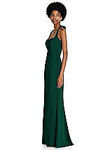 Side View Thumbnail - Hunter Green Tie Halter Open Back Trumpet Gown