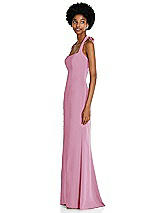 Side View Thumbnail - Powder Pink Tie Halter Open Back Trumpet Gown