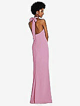 Rear View Thumbnail - Powder Pink Tie Halter Open Back Trumpet Gown