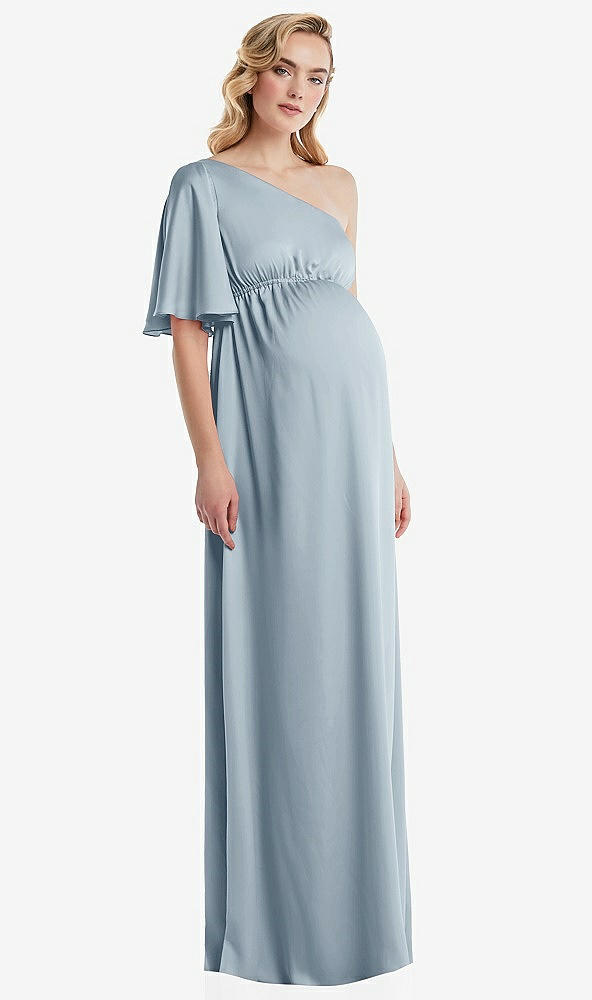 Front View - Mist One-Shoulder Flutter Sleeve Maternity Dress
