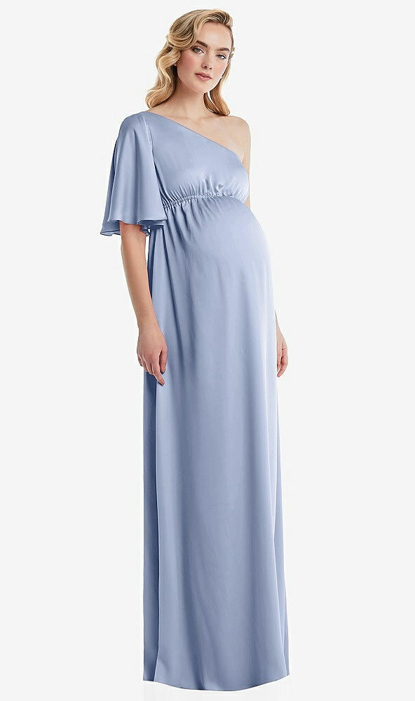 Front View - Sky Blue One-Shoulder Flutter Sleeve Maternity Dress