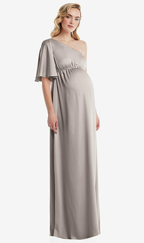 Front View - Taupe One-Shoulder Flutter Sleeve Maternity Dress