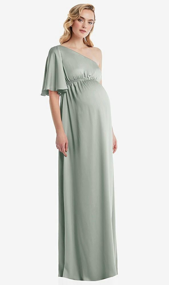 Front View - Willow Green One-Shoulder Flutter Sleeve Maternity Dress