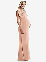 Side View Thumbnail - Pale Peach One-Shoulder Ruffle Sleeve Maternity Trumpet Gown