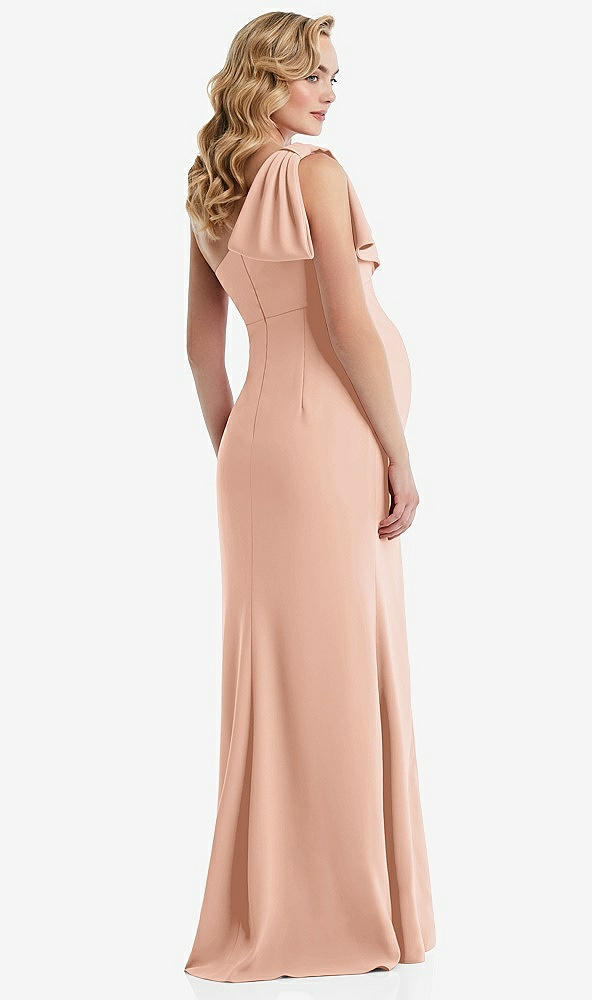 Back View - Pale Peach One-Shoulder Ruffle Sleeve Maternity Trumpet Gown