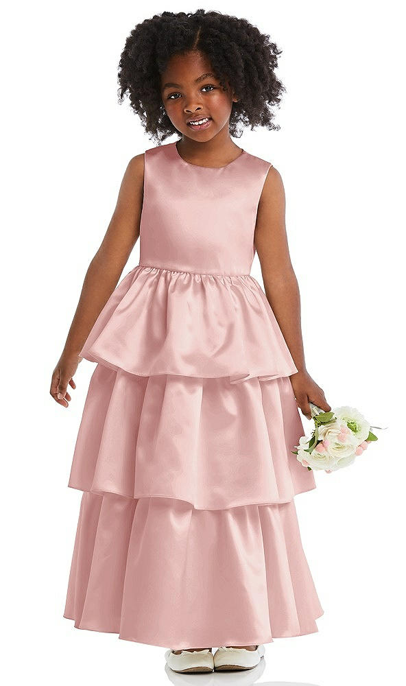 Front View - Rose Jewel Neck Tiered Skirt Satin Flower Girl Dress