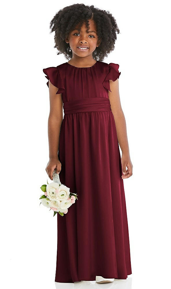 Front View - Cabernet Ruffle Flutter Sleeve Whisper Satin Flower Girl Dress
