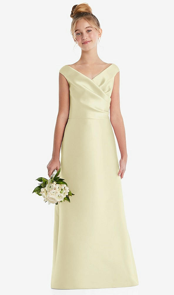 Front View - Butter Yellow Off-the-Shoulder Draped Wrap Satin Junior Bridesmaid Dress