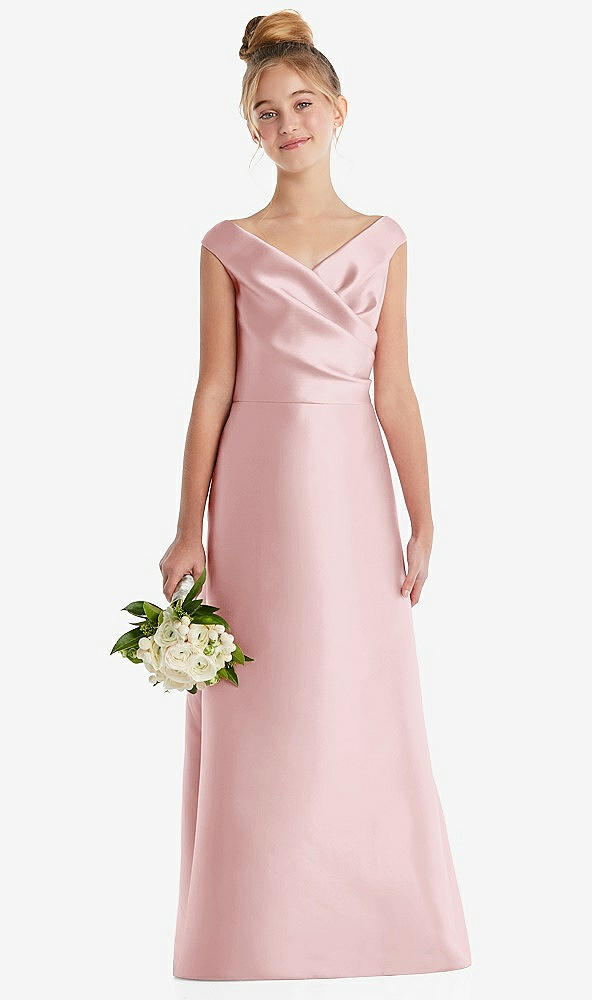 Front View - Ballet Pink Off-the-Shoulder Draped Wrap Satin Junior Bridesmaid Dress