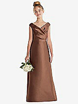 Front View Thumbnail - Cognac Off-the-Shoulder Draped Wrap Satin Junior Bridesmaid Dress