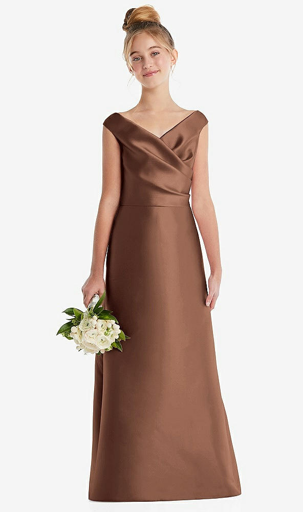 Front View - Cognac Off-the-Shoulder Draped Wrap Satin Junior Bridesmaid Dress