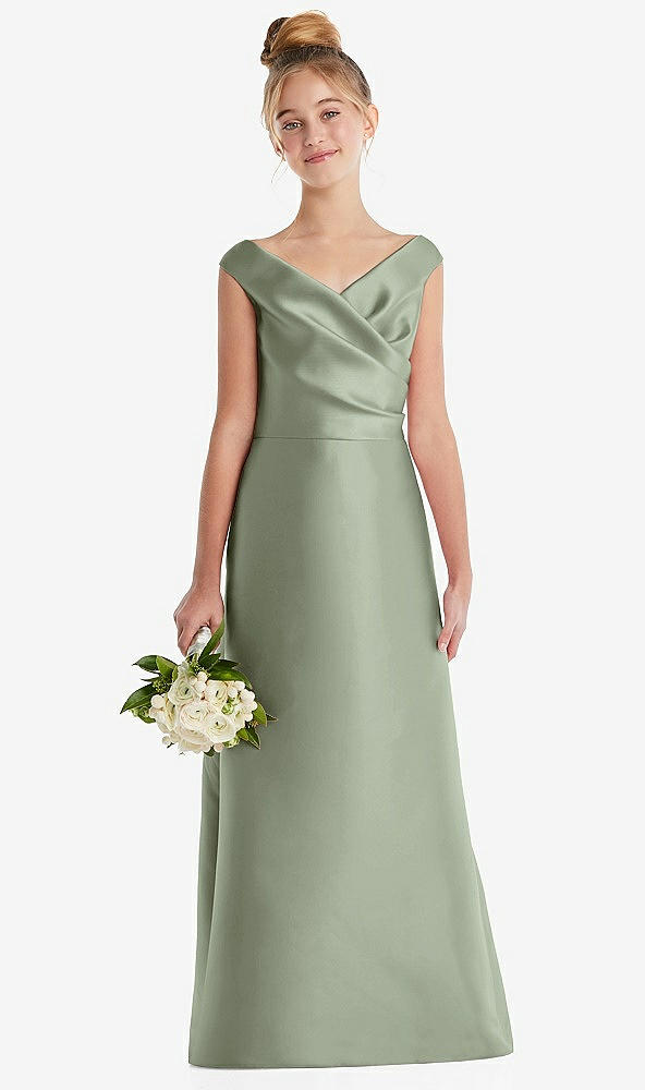 Front View - Sage Off-the-Shoulder Draped Wrap Satin Junior Bridesmaid Dress