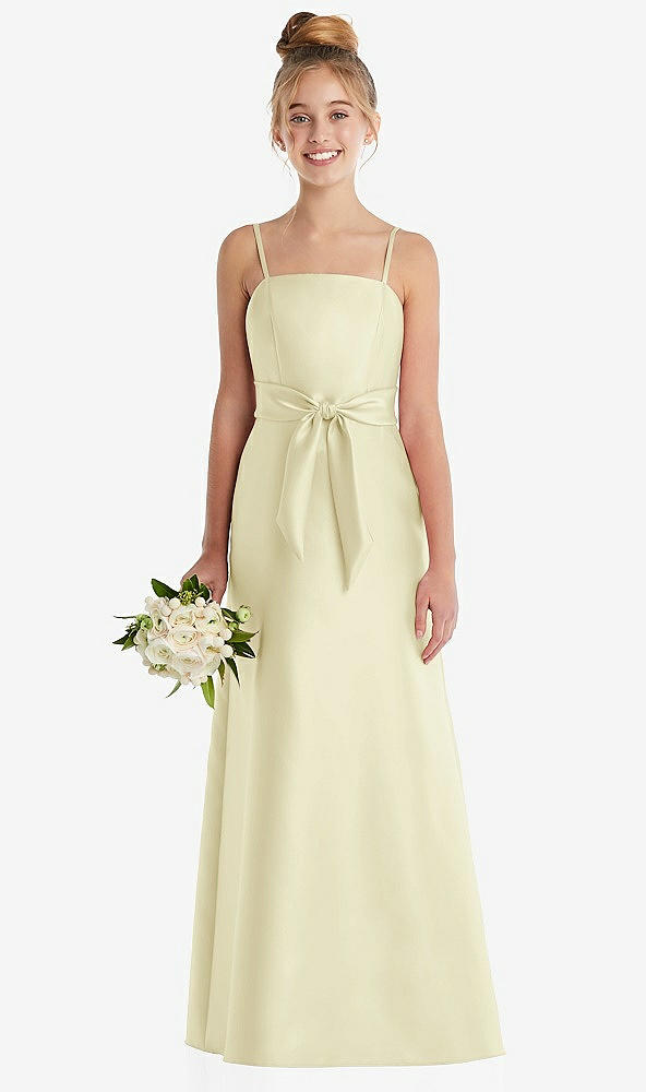 Front View - Butter Yellow Spaghetti Strap Satin Junior Bridesmaid Dress with Mini Sash