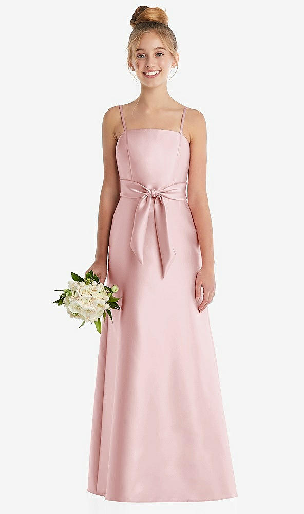 Front View - Ballet Pink Spaghetti Strap Satin Junior Bridesmaid Dress with Mini Sash