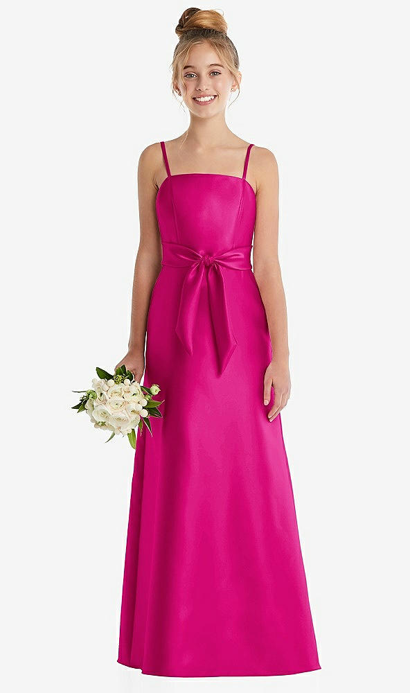 Front View - Think Pink Spaghetti Strap Satin Junior Bridesmaid Dress with Mini Sash