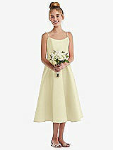 Front View Thumbnail - Butter Yellow Adjustable Spaghetti Strap Satin Midi Junior Bridesmaid Dress