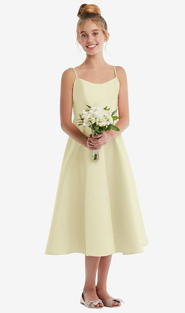Front View - Butter Yellow Adjustable Spaghetti Strap Satin Midi Junior Bridesmaid Dress