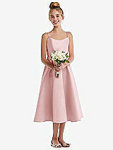 Front View Thumbnail - Ballet Pink Adjustable Spaghetti Strap Satin Midi Junior Bridesmaid Dress