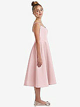 Side View Thumbnail - Ballet Pink Adjustable Spaghetti Strap Satin Midi Junior Bridesmaid Dress