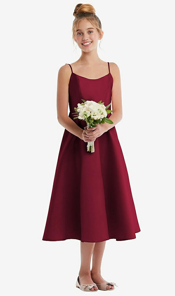 Front View - Burgundy Adjustable Spaghetti Strap Satin Midi Junior Bridesmaid Dress