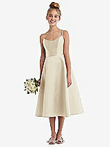 Alt View 1 Thumbnail - Champagne Adjustable Spaghetti Strap Satin Midi Junior Bridesmaid Dress