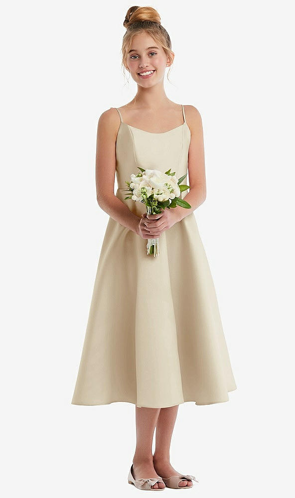 Front View - Champagne Adjustable Spaghetti Strap Satin Midi Junior Bridesmaid Dress