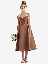 Alt View 1 Thumbnail - Cognac Adjustable Spaghetti Strap Satin Midi Junior Bridesmaid Dress