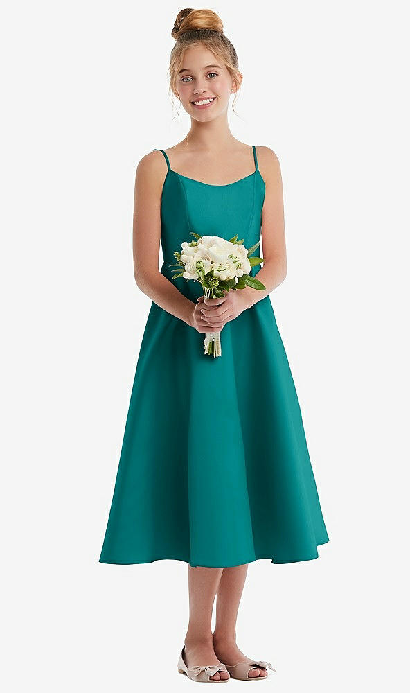 Front View - Jade Adjustable Spaghetti Strap Satin Midi Junior Bridesmaid Dress