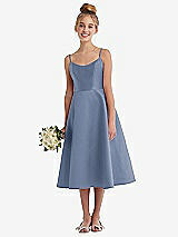 Alt View 1 Thumbnail - Larkspur Blue Adjustable Spaghetti Strap Satin Midi Junior Bridesmaid Dress