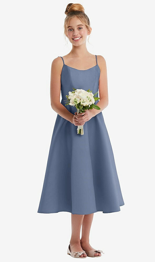 Front View - Larkspur Blue Adjustable Spaghetti Strap Satin Midi Junior Bridesmaid Dress