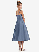Rear View Thumbnail - Larkspur Blue Adjustable Spaghetti Strap Satin Midi Junior Bridesmaid Dress