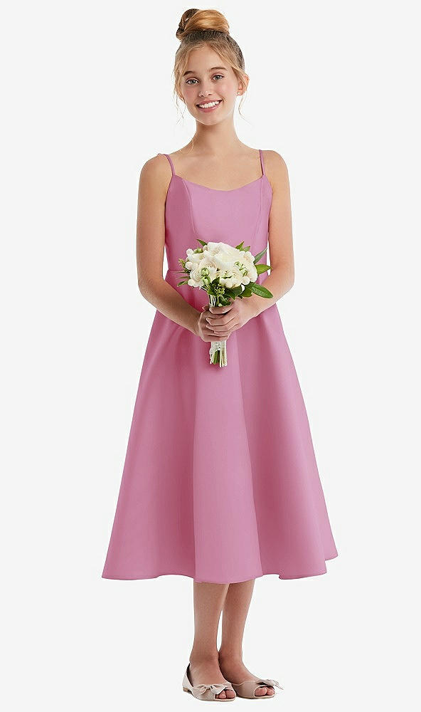 Front View - Powder Pink Adjustable Spaghetti Strap Satin Midi Junior Bridesmaid Dress