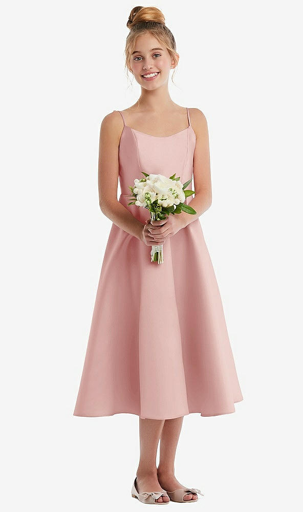 Front View - Rose Adjustable Spaghetti Strap Satin Midi Junior Bridesmaid Dress