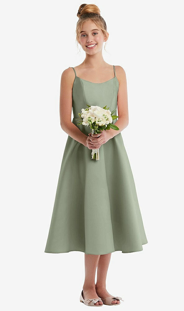 Front View - Sage Adjustable Spaghetti Strap Satin Midi Junior Bridesmaid Dress