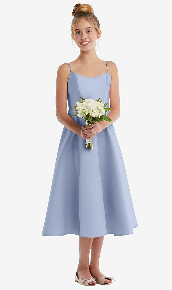 Front View - Sky Blue Adjustable Spaghetti Strap Satin Midi Junior Bridesmaid Dress