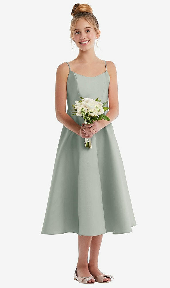 Front View - Willow Green Adjustable Spaghetti Strap Satin Midi Junior Bridesmaid Dress