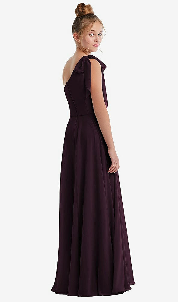 Back View - Deep Plum One-Shoulder Scarf Bow Chiffon Junior Bridesmaid Dress