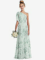 Front View Thumbnail - Mint Green Floral One-Shoulder Scarf Bow Chiffon Junior Bridesmaid Dress