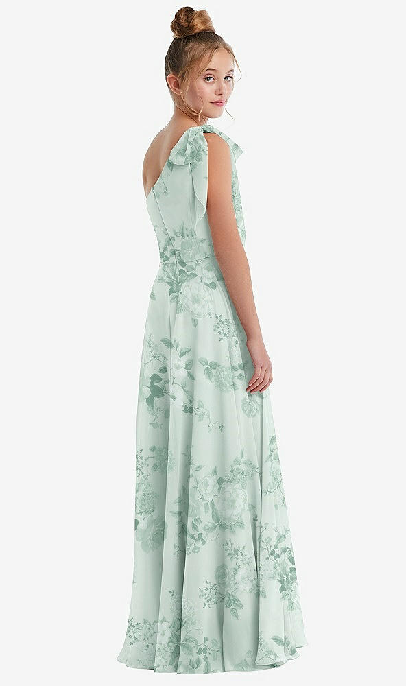 Back View - Mint Green Floral One-Shoulder Scarf Bow Chiffon Junior Bridesmaid Dress