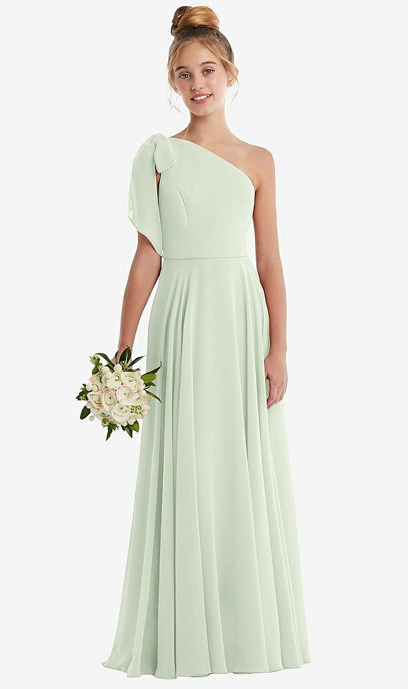 Front View - Mint Green One-Shoulder Scarf Bow Chiffon Junior Bridesmaid Dress
